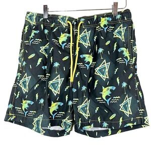 Party Sharks Men's Black Blue & Green Sharks & Triangles Swim Trunks Shorts Sz L